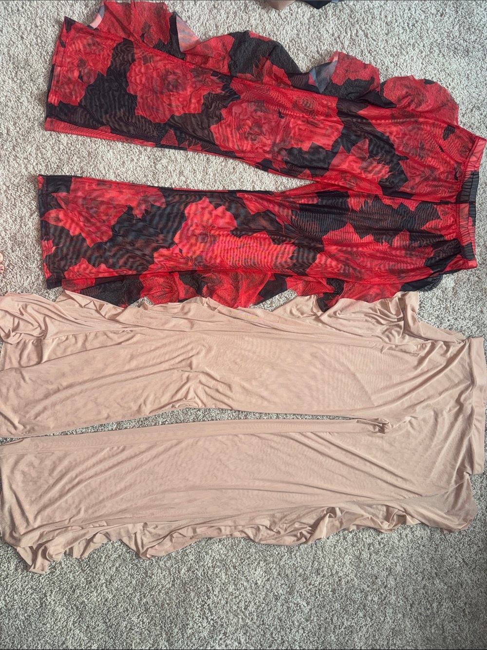 Fashion Nova Red Floral and Nude Beige mesh ruffle Wide-Leg Pants - Women